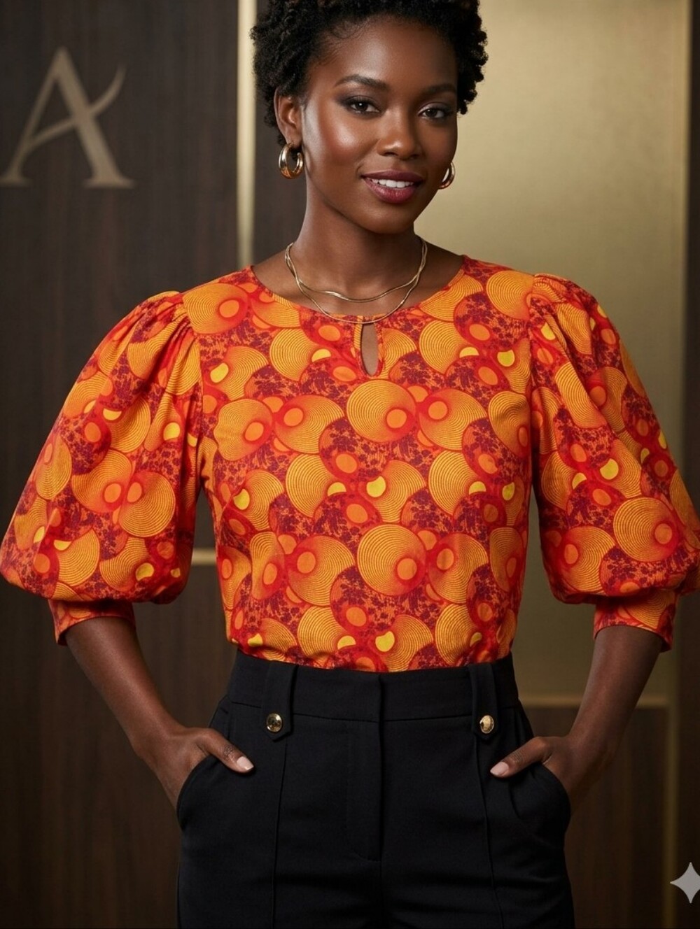 Ashro Orange and Yellow Geo Puff Sleeve Blouse - Picture 4 of 13